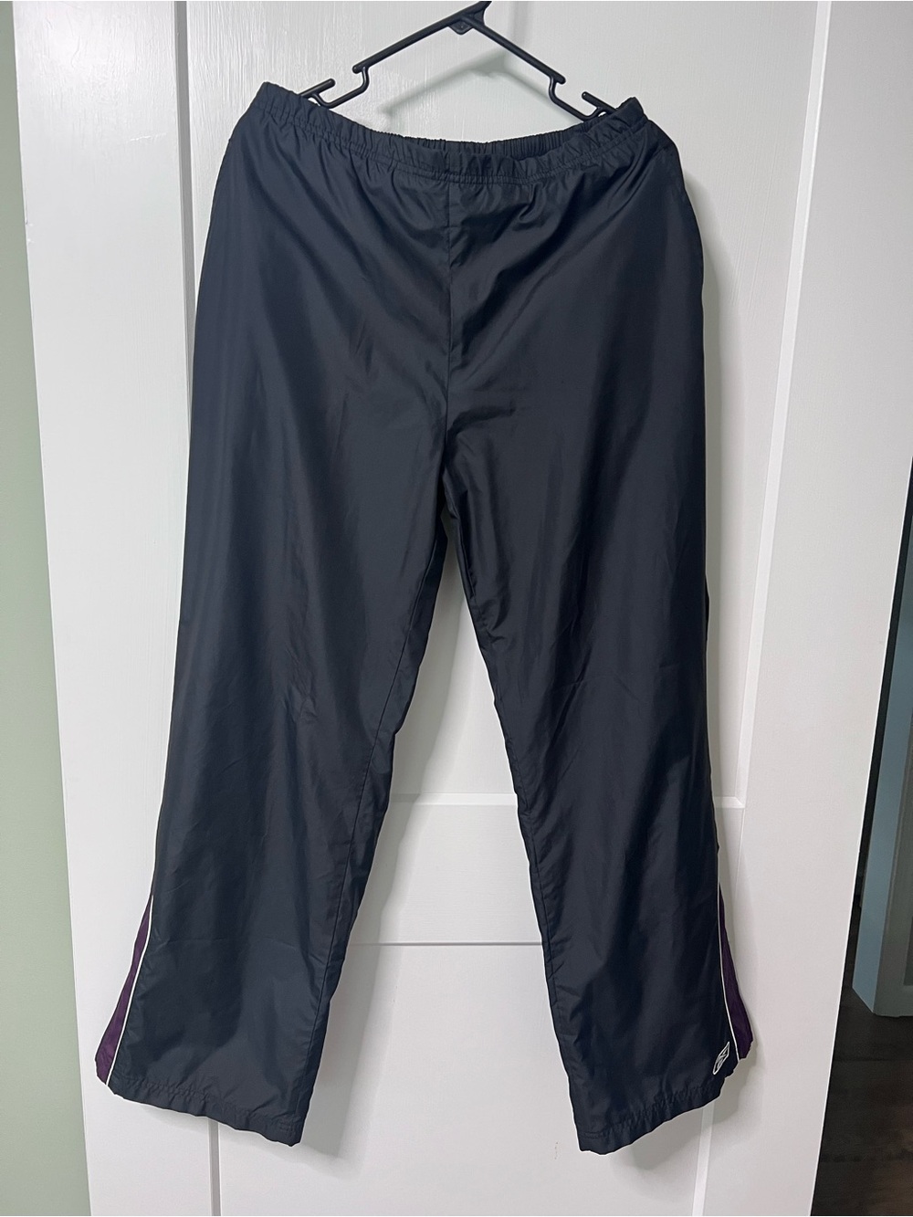 Vintage Reebok Black Windbreaker Pants with Purple Side Panels Women XL